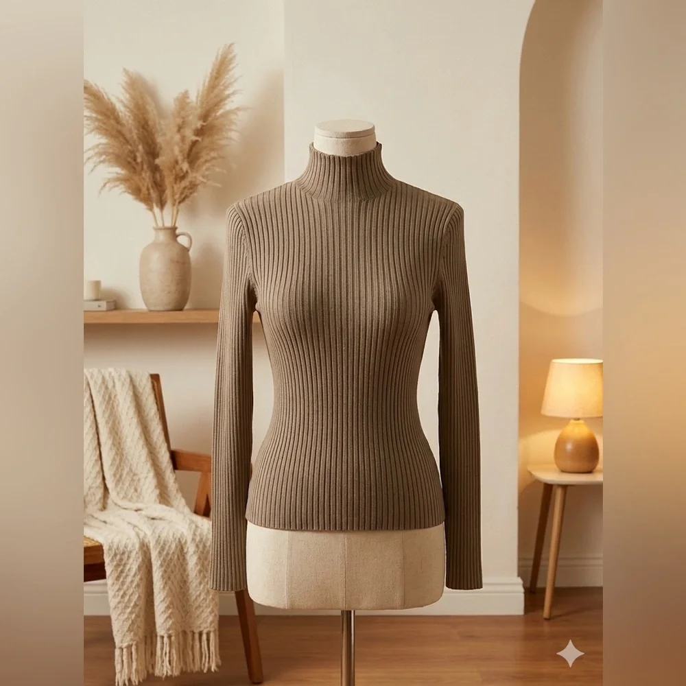 Zara| Taupe Ribbed Turtleneck Bodycon Fitted Long Sleeved Knit Top Sz M - Picture 6 of 6
